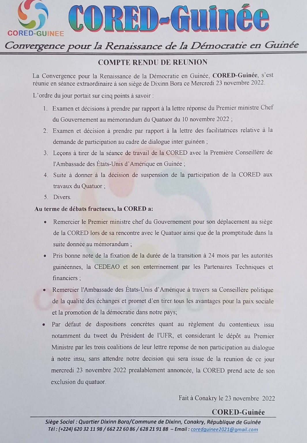 Fin du Quatuor : la CORED dit prendre acte de son exclusion